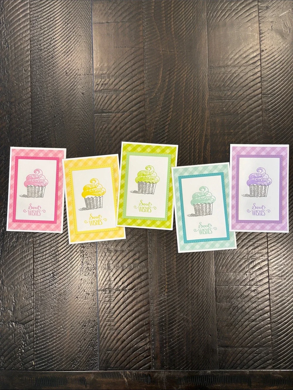 Set of 5 Pastel Rainbow Cupcake Gingham Cards